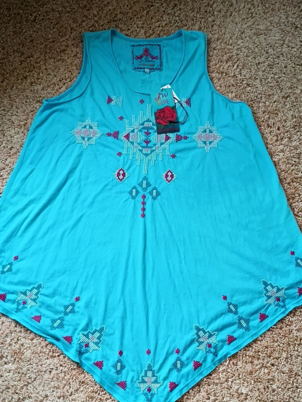 Johnny Was Turquoise Embroidered Handkerchief-Hem Tank